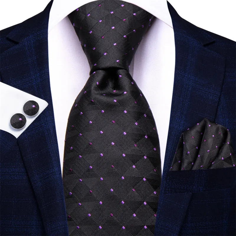 Ties2you Black Plaid Purple Point Men's Tie Hanky Cufflinks Set made by Ties2You