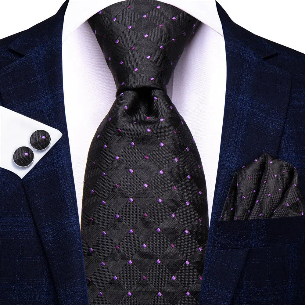 Ties2you Black Plaid Purple Point Men's Tie Hanky Cufflinks Set sold by Ties2You