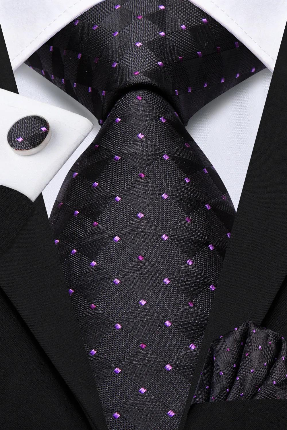 Ties2you Black Plaid Purple Point Men's Tie Hanky Cufflinks Set sold by Ties2You product image thumbnail 2