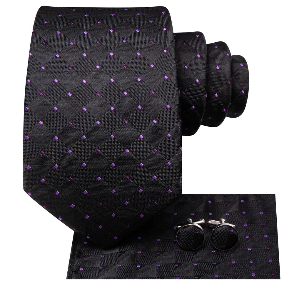 Ties2you Black Plaid Purple Point Men's Tie Hanky Cufflinks Set sold by Ties2You product image thumbnail 4