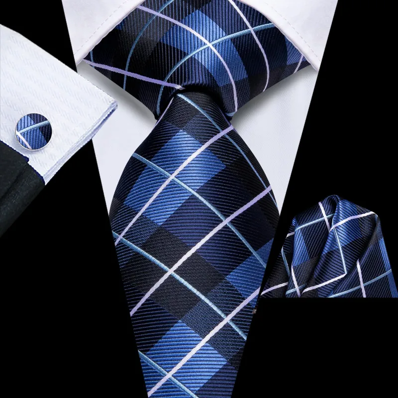 Ties2you Tie Top Navy Blue Plaid Silk Mens Business Work Ties Pocket Square Cufflinks Set made by Ties2You