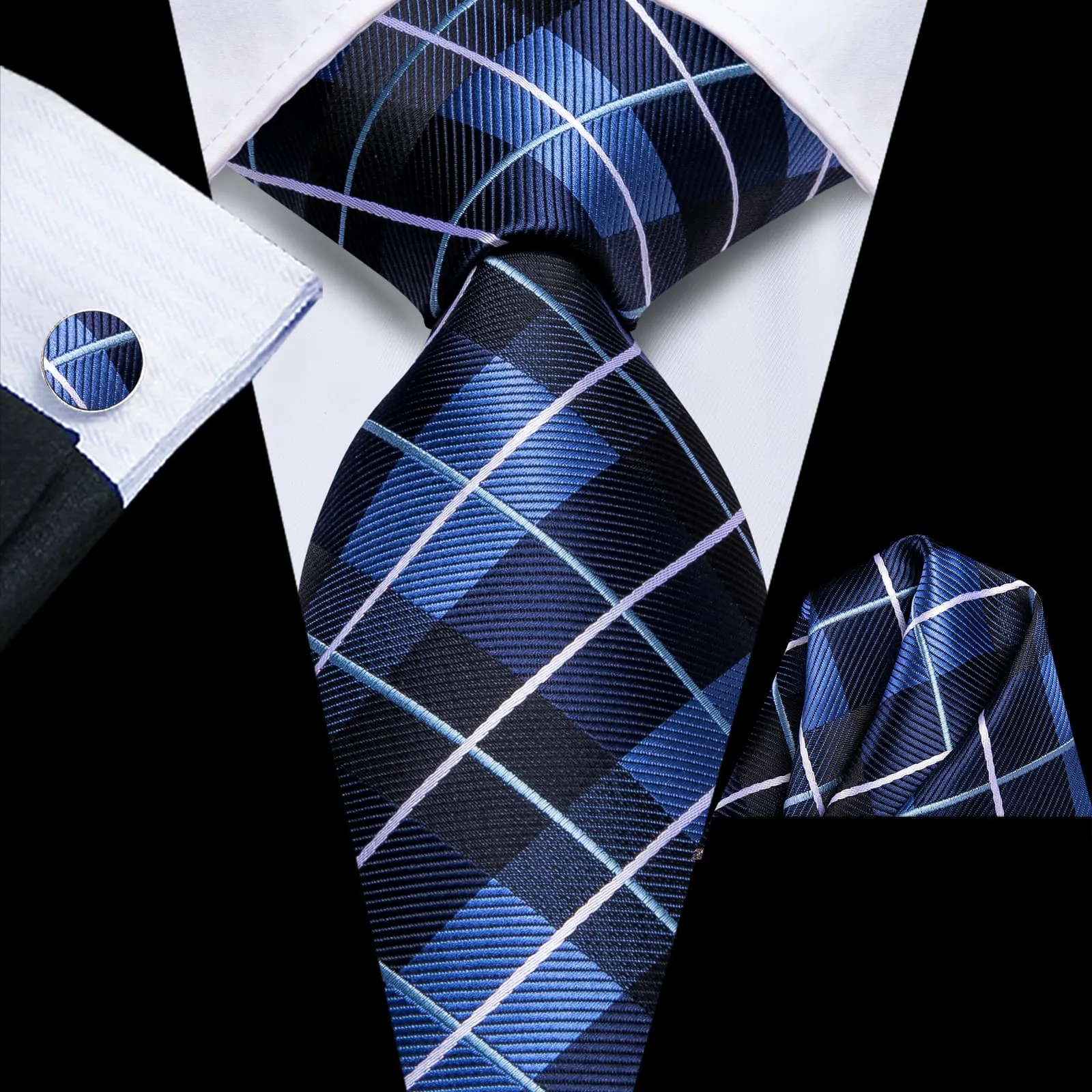 Ties2you Tie Top Navy Blue Plaid Silk Mens Business Work Ties Pocket Square Cufflinks Set sold by Ties2You