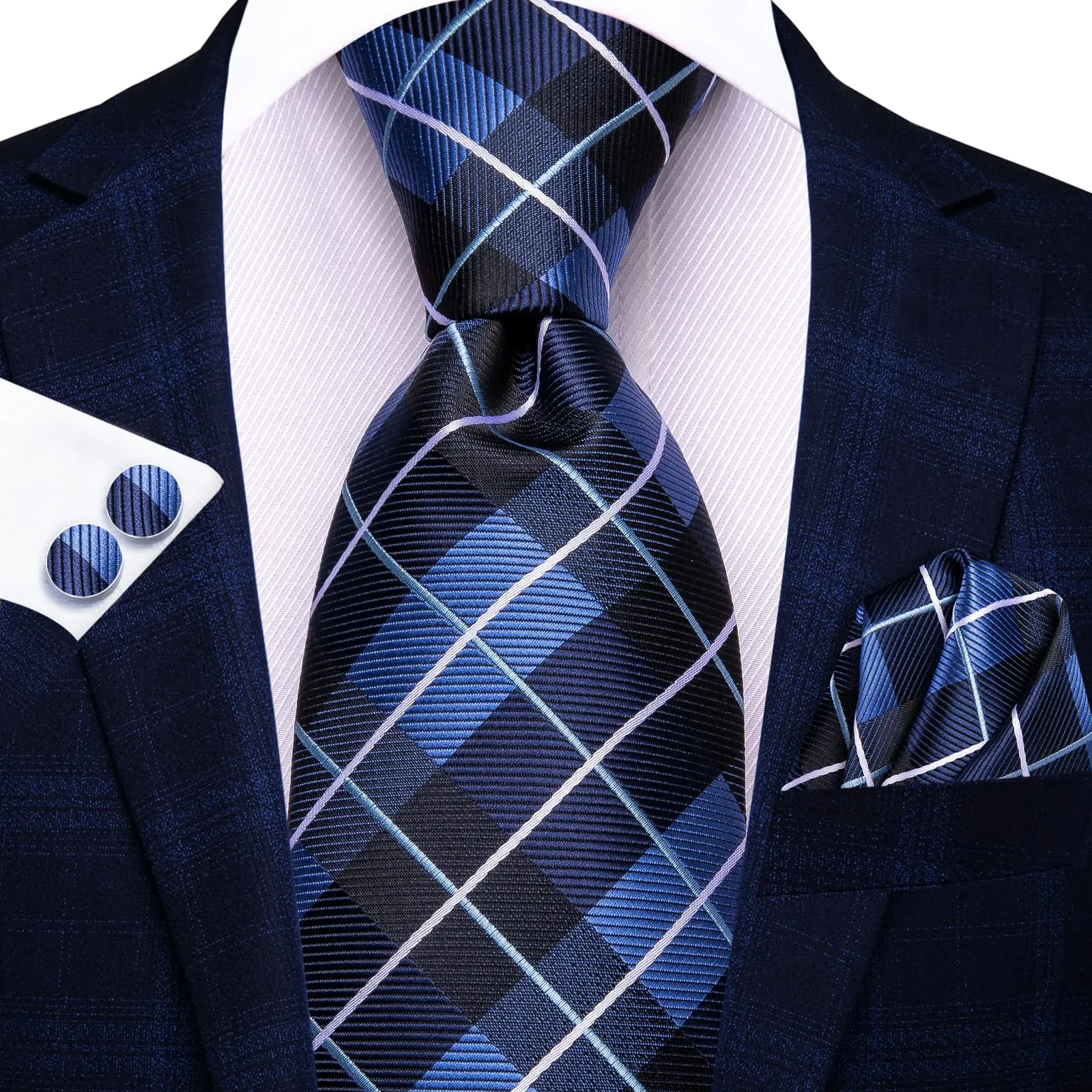 Ties2you Tie Top Navy Blue Plaid Silk Mens Business Work Ties Pocket Square Cufflinks Set sold by Ties2You product image thumbnail 2
