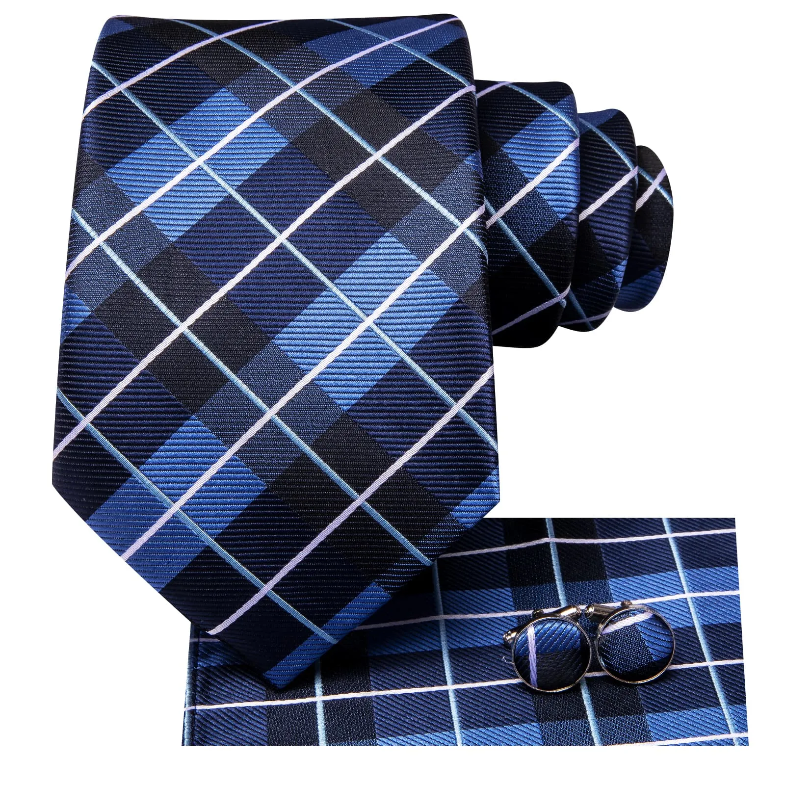Ties2you Tie Top Navy Blue Plaid Silk Mens Business Work Ties Pocket Square Cufflinks Set sold by Ties2You product image thumbnail 3