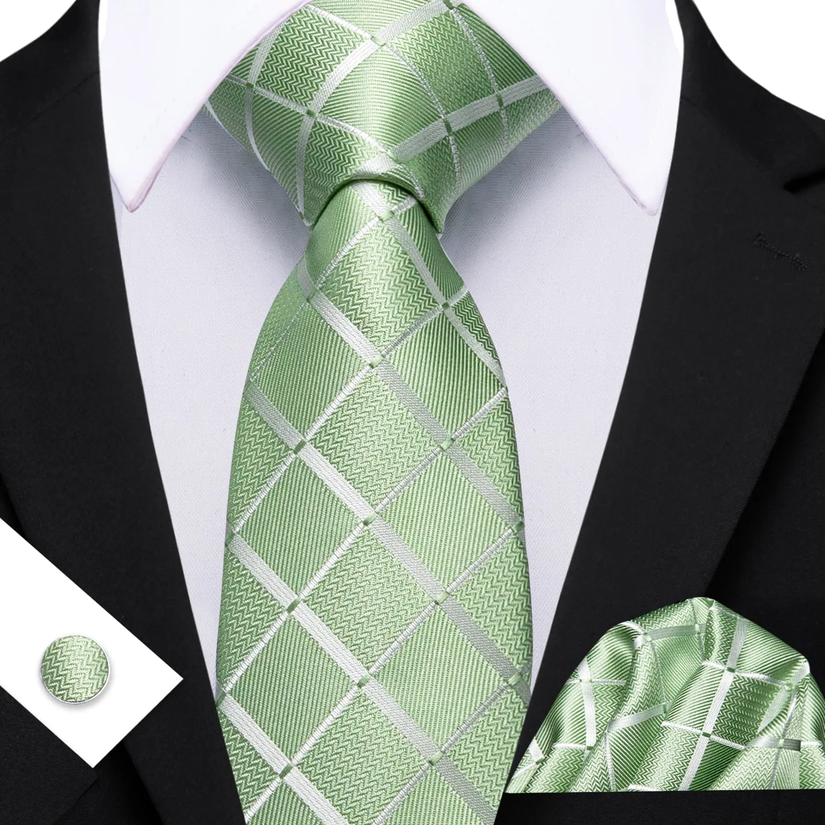 Ties2you Extra Long Necktie 63 Inches Sage Green Plaid Tie Pocket Square Cufflinks Set sold by Ties2You product image thumbnail 2