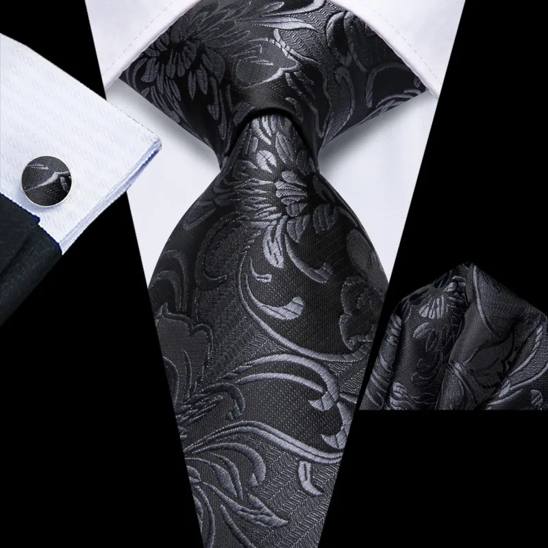 Ties2you Mens Black Tie Floral Silk Suit Necktie Handkerchief Cufflinks Set made by Ties2You