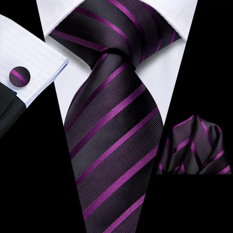 Ties2you Black Tie Silk Purple Black Striped Woven Tie Handkerchief Cufflinks Set made by Ties2You