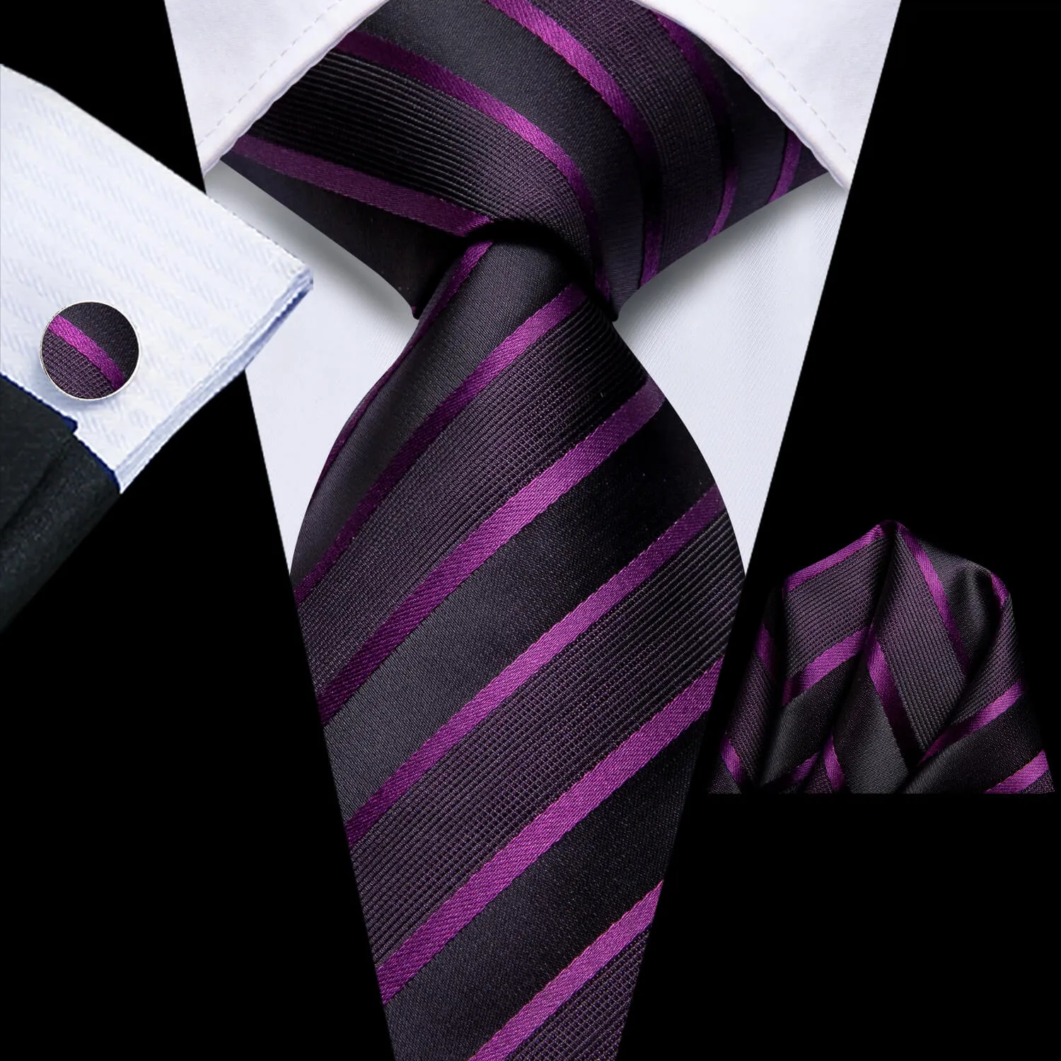 Ties2you Black Tie Silk Purple Black Striped Woven Tie Handkerchief Cufflinks Set sold by Ties2You