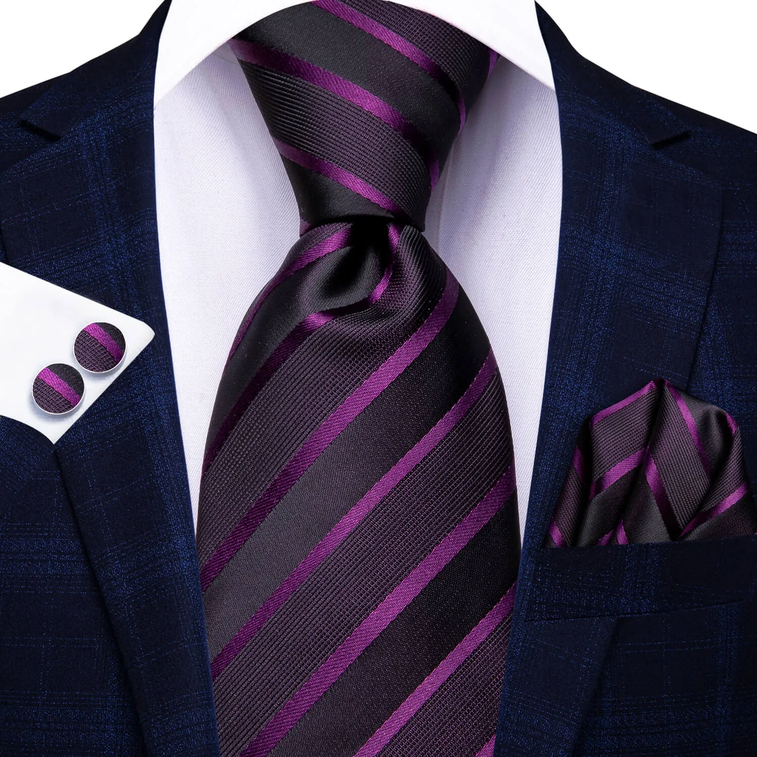 Ties2you Black Tie Silk Purple Black Striped Woven Tie Handkerchief Cufflinks Set sold by Ties2You product image thumbnail 2