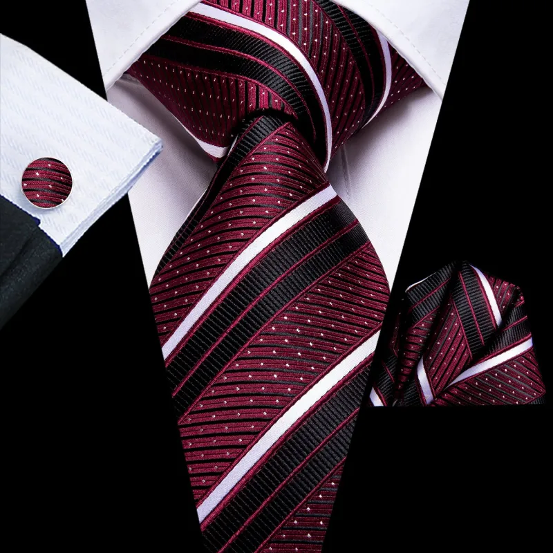 Burgundy Red Black White Striped Men's 63 Inches Extra Length Tie Handkerchief Cufflinks Set made by Ties2You