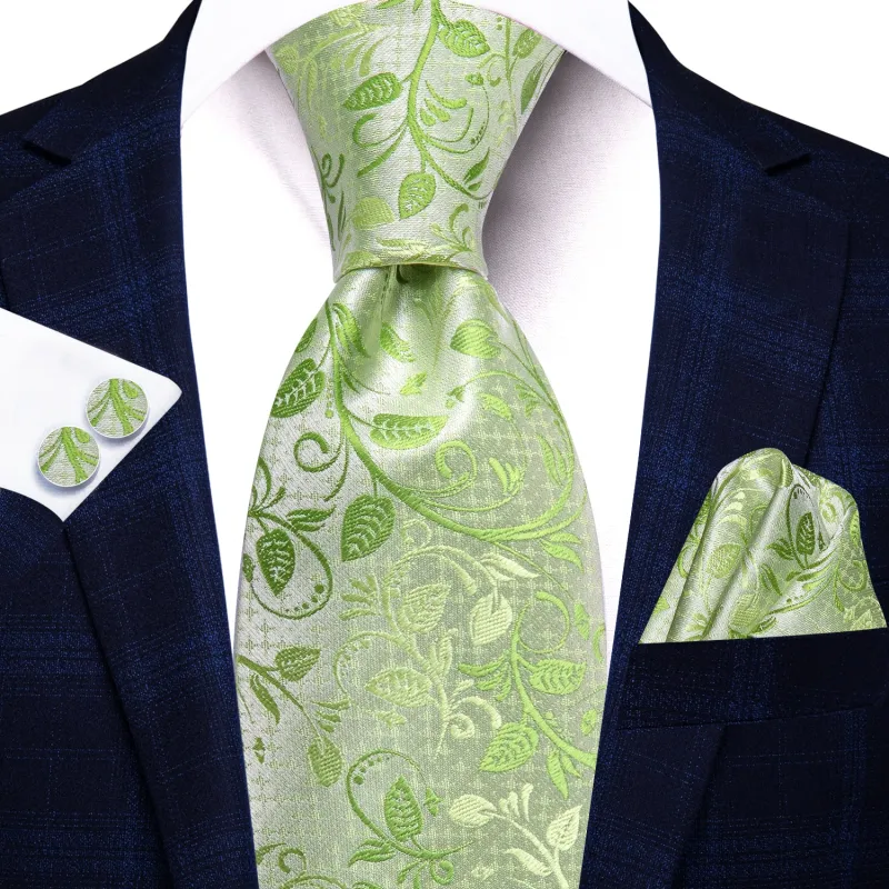 Light Lime Floral Men's 63 Inches Extra Length Tie Handkerchief Cufflinks Set made by Ties2You