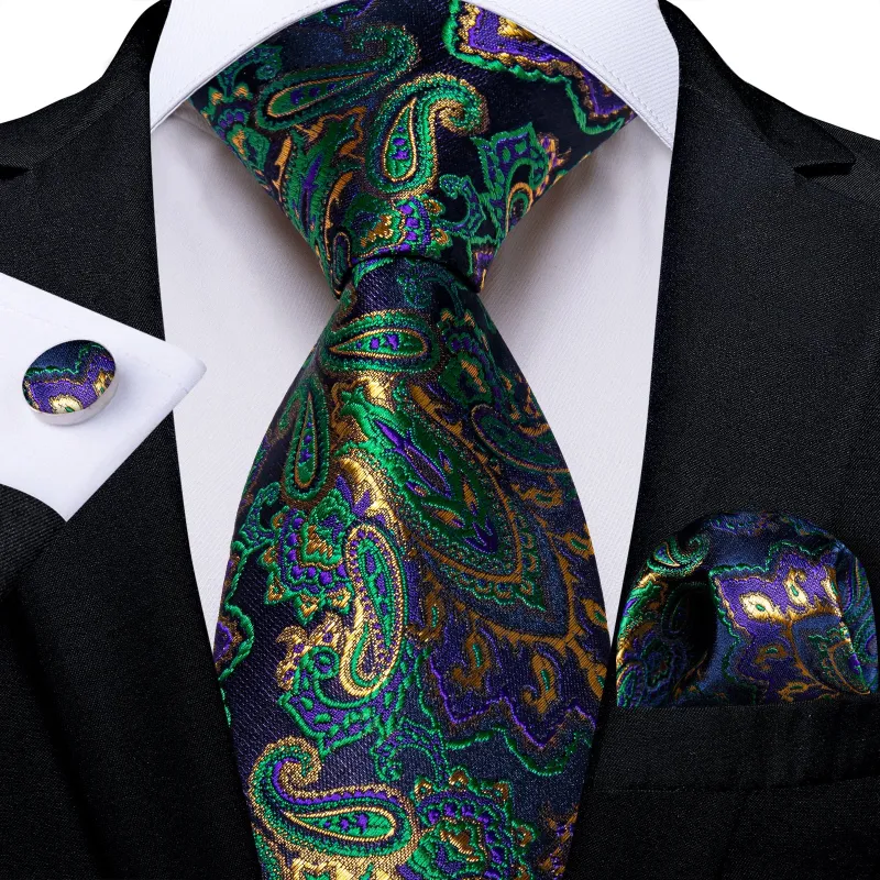 Green Purple Paisley Silk Men's Necktie Pocket Square Cufflinks Set made by Ties2You