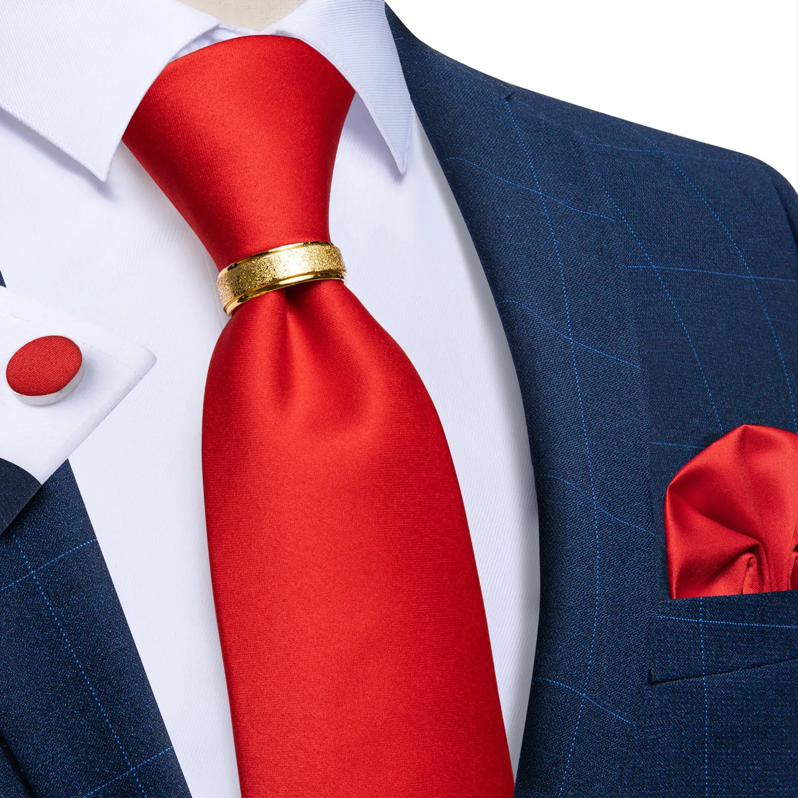 Classic Red Solid Tie Ring Pocket Square Cufflinks Set sold by Ties2You product image thumbnail 4