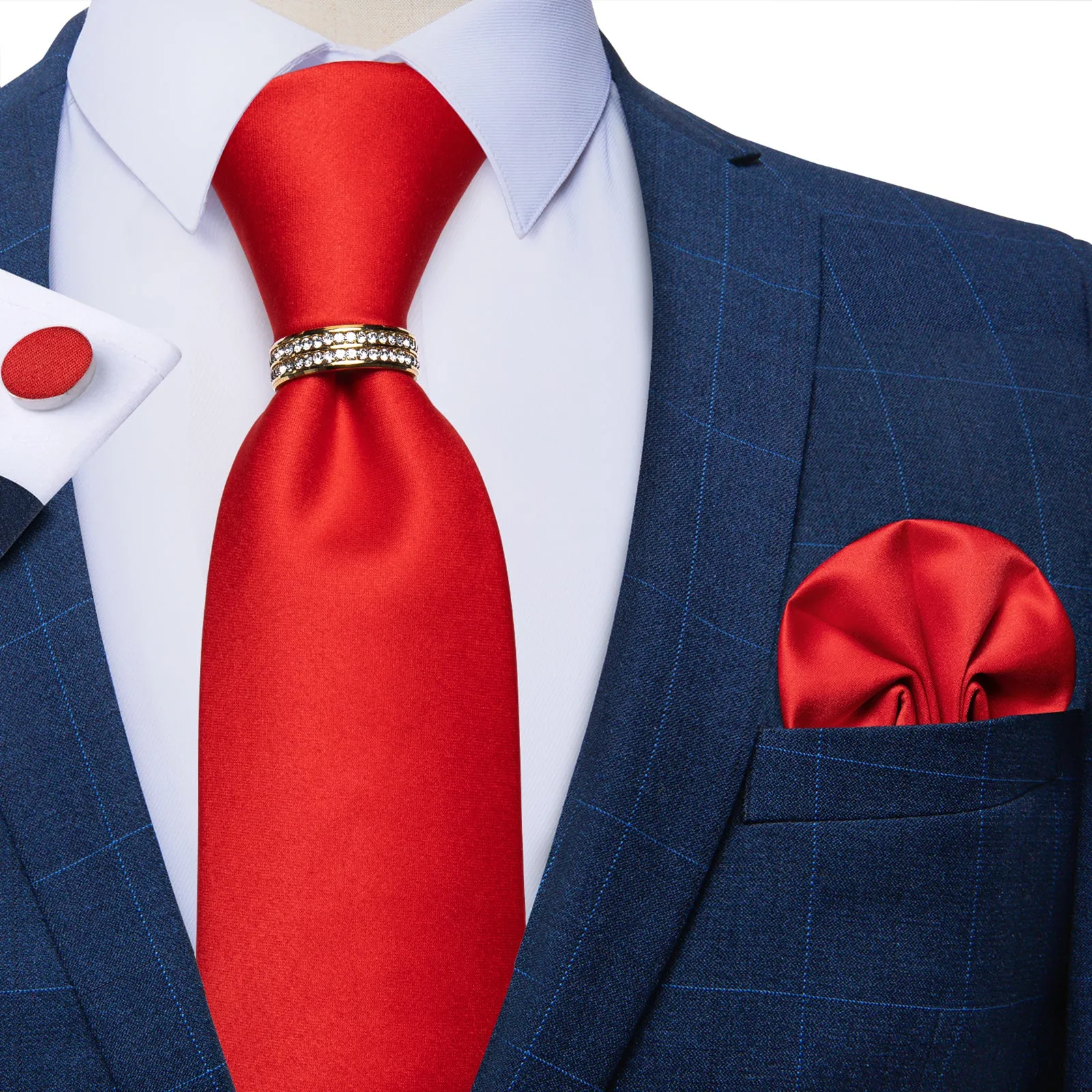 Classic Red Solid Tie Ring Pocket Square Cufflinks Set sold by Ties2You product image thumbnail 2