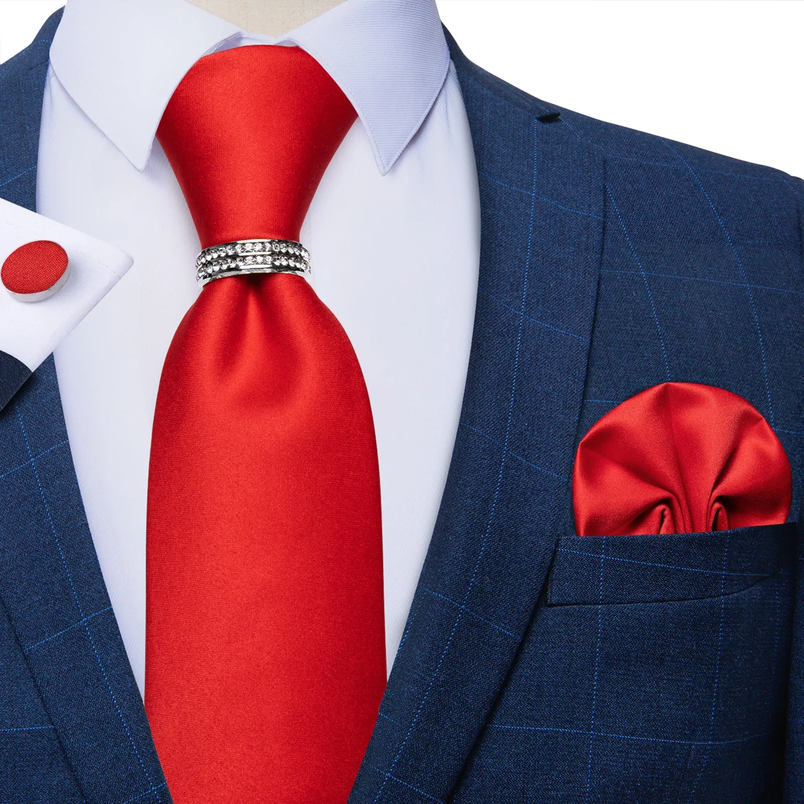 Classic Red Solid Tie Ring Pocket Square Cufflinks Set sold by Ties2You product image thumbnail 3