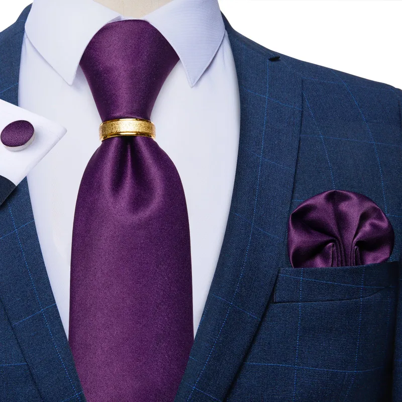 Deep Purple Solid Tie Ring Pocket Square Cufflinks Set made by Ties2You