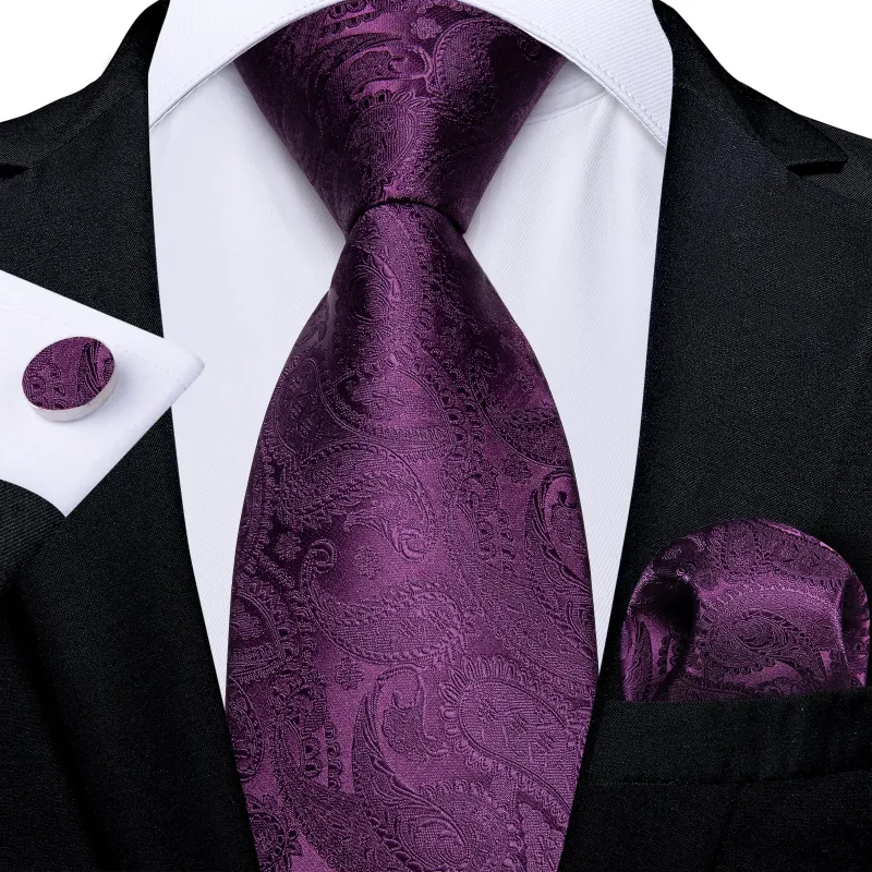 Dark Purple Paisley Silk Men's Necktie Pocket Square Cufflinks Set made by Ties2You