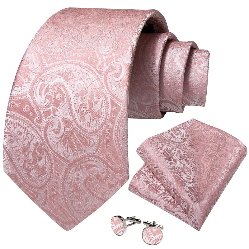 Ties2you Men's Tie Pink Paisley Silk Tie Pocket Square Cufflinks Ring Set made by Ties2You