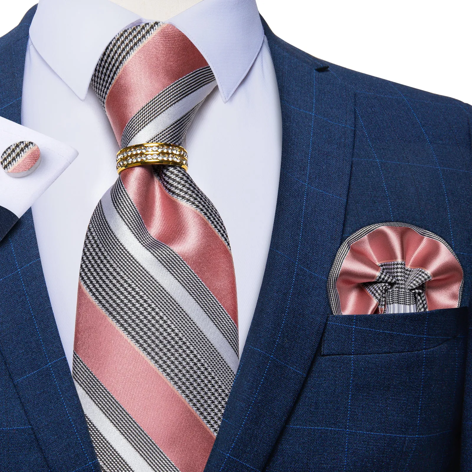 Pink Grey Striped Tie Ring Pocket Square Cufflinks Set sold by Ties2You product image thumbnail 2