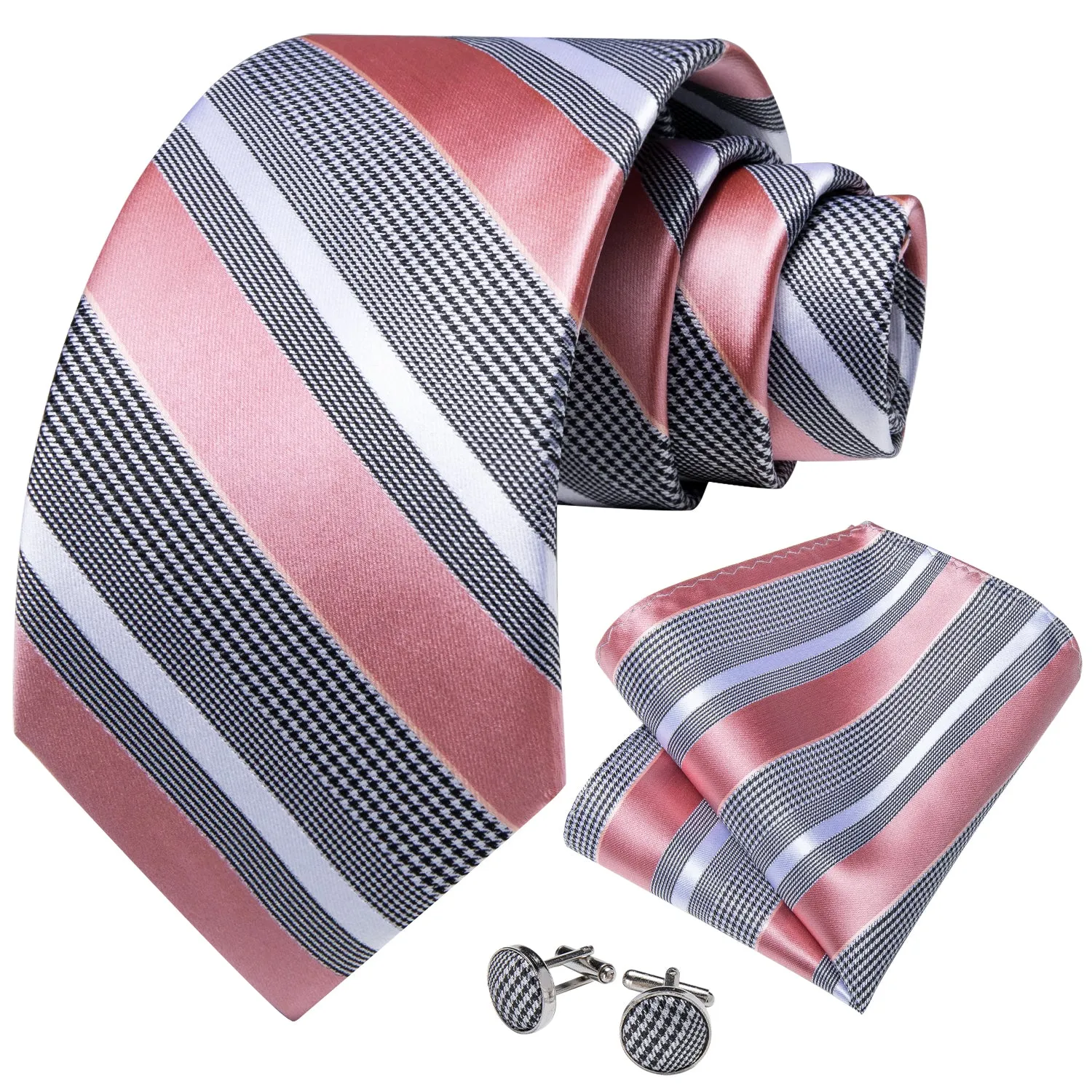 Pink Grey Striped Tie Ring Pocket Square Cufflinks Set sold by Ties2You product image thumbnail 4