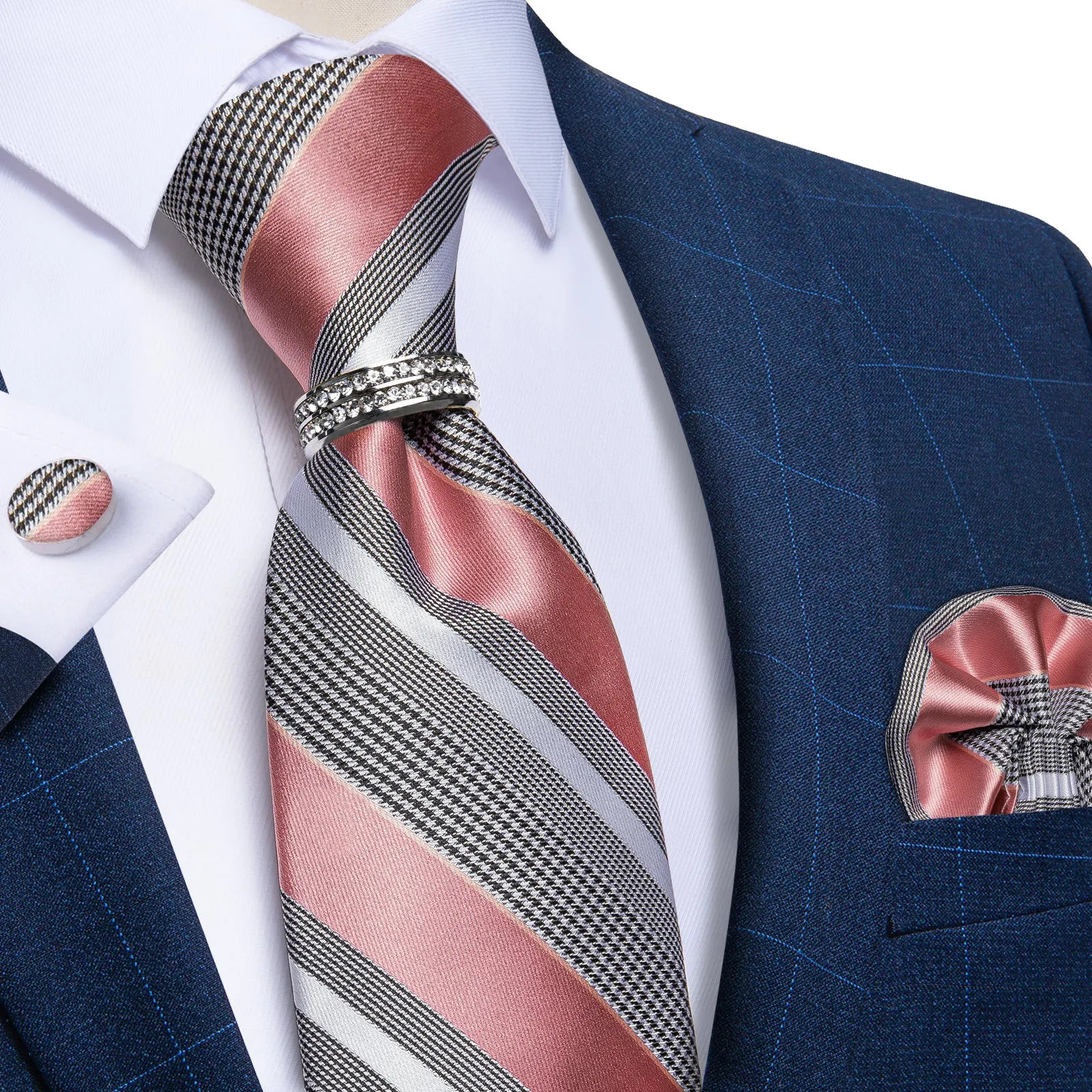 Pink Grey Striped Tie Ring Pocket Square Cufflinks Set sold by Ties2You product image thumbnail 3