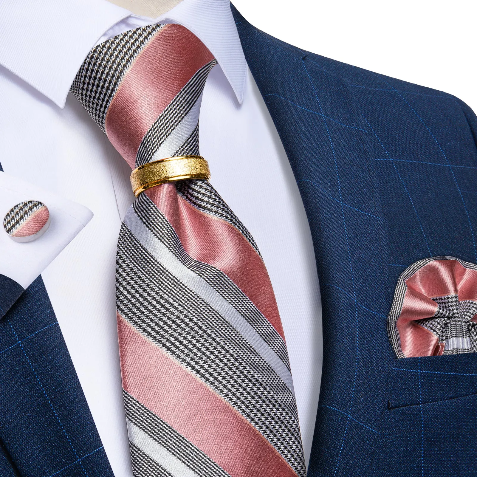 Pink Grey Striped Tie Ring Pocket Square Cufflinks Set sold by Ties2You