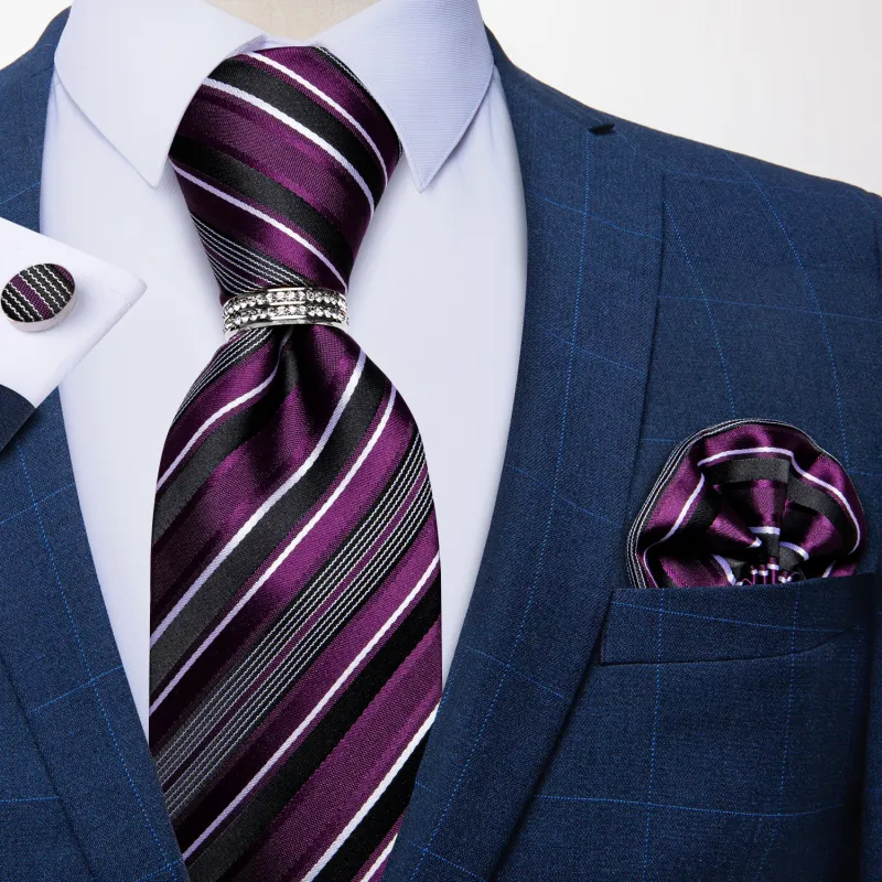Purple Black Striped Tie Ring Pocket Square Cufflinks Set made by Ties2You