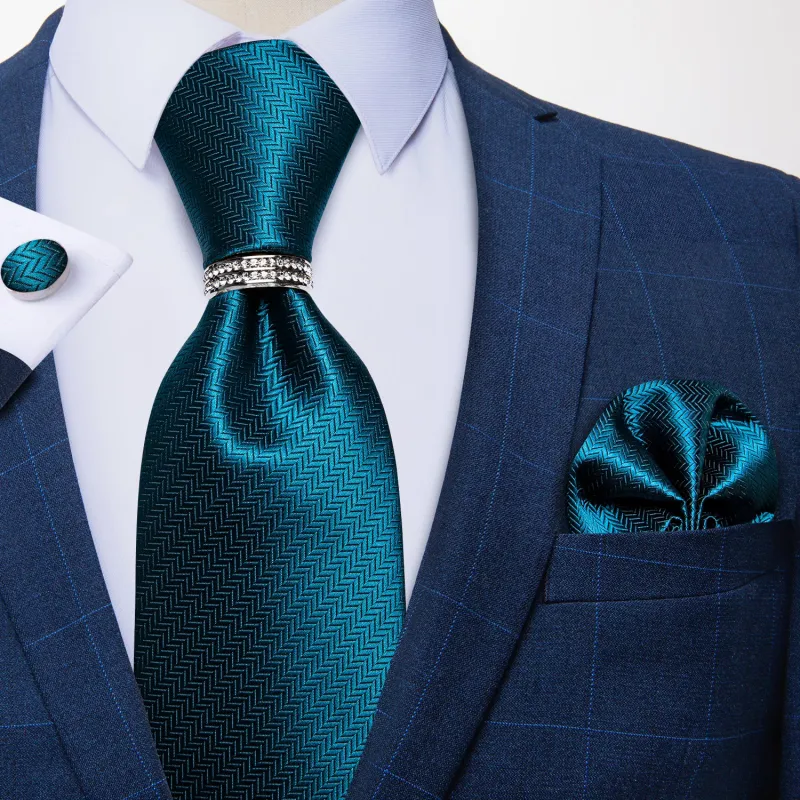 Navy Blue Solid Tie Ring Pocket Square Cufflinks Set made by Ties2You