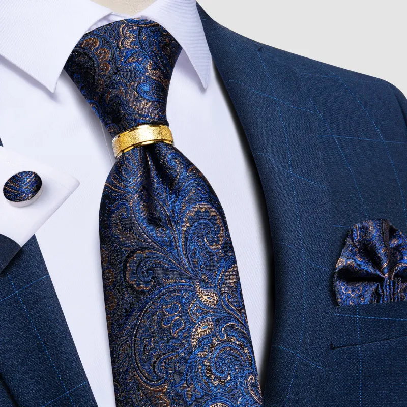 Blue Shining Paisley Tie Ring Pocket Square Cufflinks Set made by Ties2You