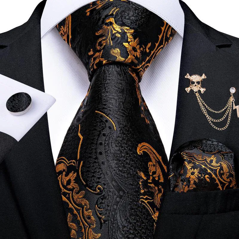 Black Golden Paisley Men's Tie Handkerchief Cufflinks Set with Lapel Pin made by Ties2You
