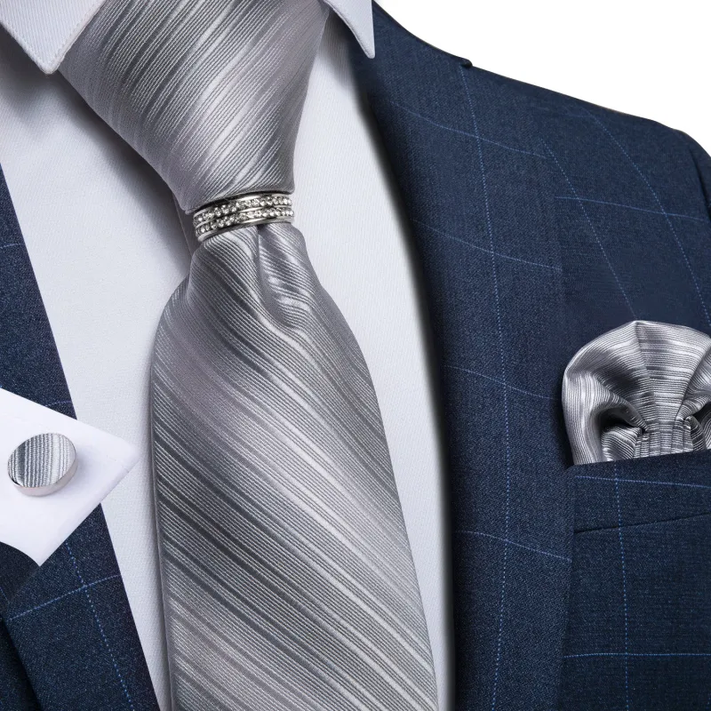 Silver Grey Striped Tie Ring Pocket Square Cufflinks Set made by Ties2You
