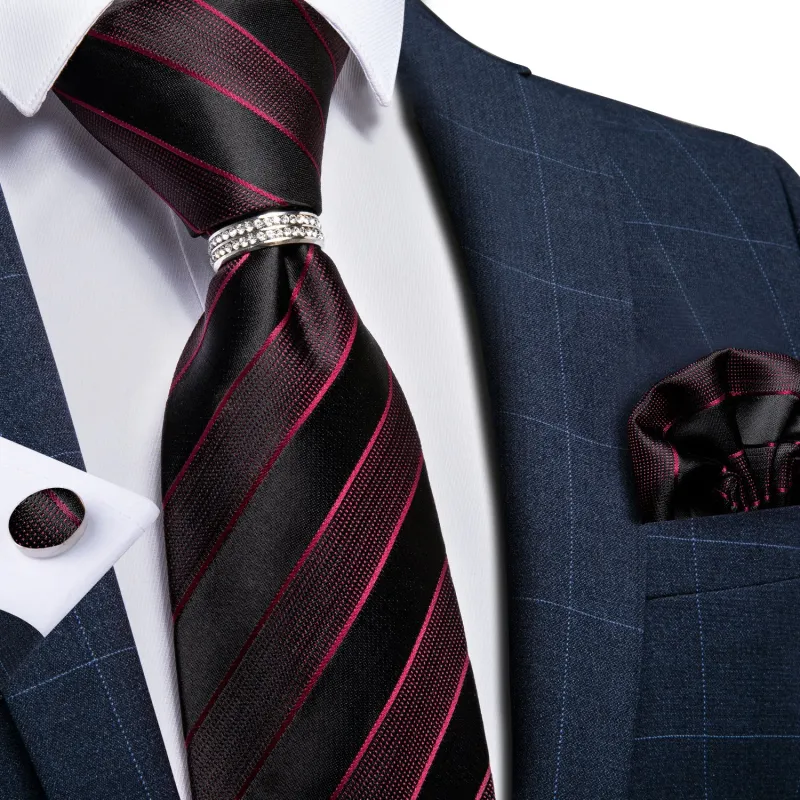Ties2you Black Tie Maroon Striped Tie Ring Pocket Square Cufflinks Set made by Ties2You