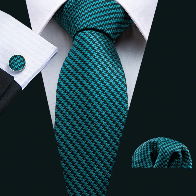 Ties2you Green Tie Turquoise Houndstooth Silk Fabric Tie Hanky Cufflinks Set made by Ties2You