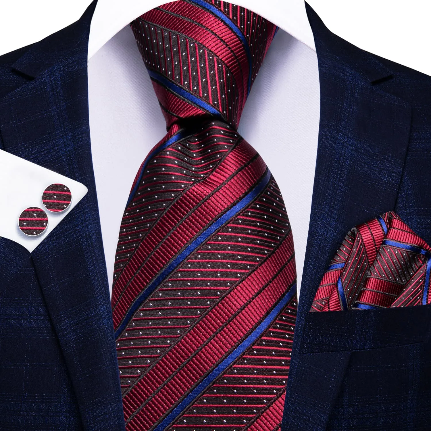 Ties2you Red Striped 70 Inch Necktie Silk Mens Extra Long Tie Handkerchief Set for Business Formal sold by Ties2You product image thumbnail 2