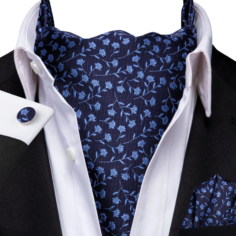 Ties2you Navy Blue Cravat Tie Men's Floral Casual Ascot Self Tie Handkerchief Cufflinks Set Party made by Ties2You