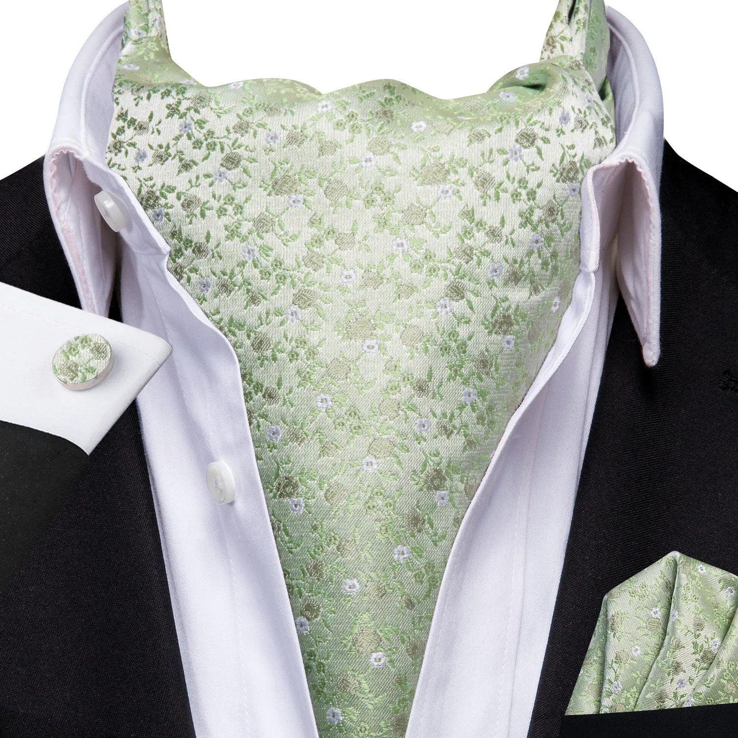 Ties2you Floral Sage Green Cravat Tie Casual Ascot Self Tie Handkerchief Cufflinks Set sold by Ties2You
