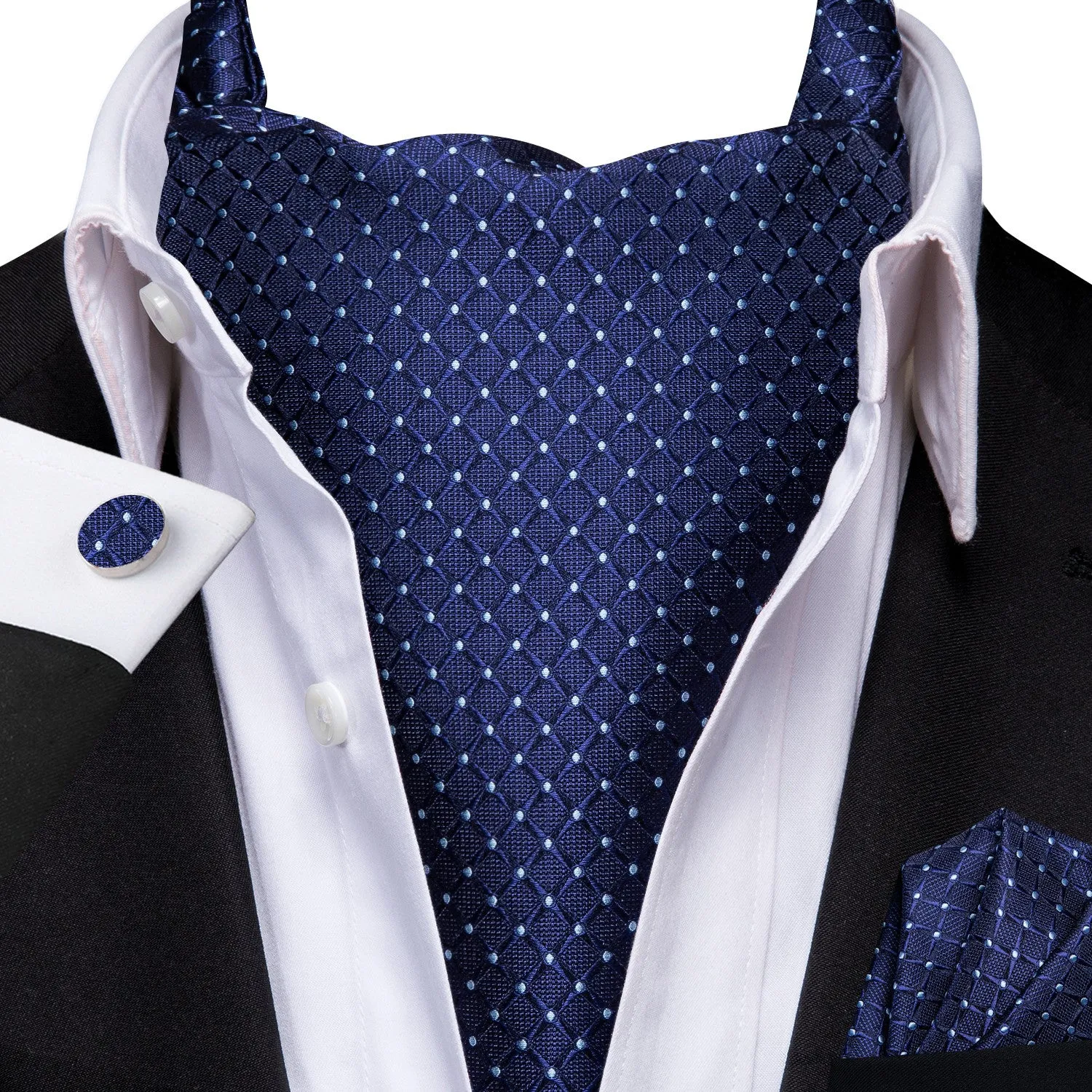 Ties2you Navy Blue Cravat Tie Plaid Formal Ascot Tie Handkerchief Cufflinks Set for Men Business (Copy) sold by Ties2You