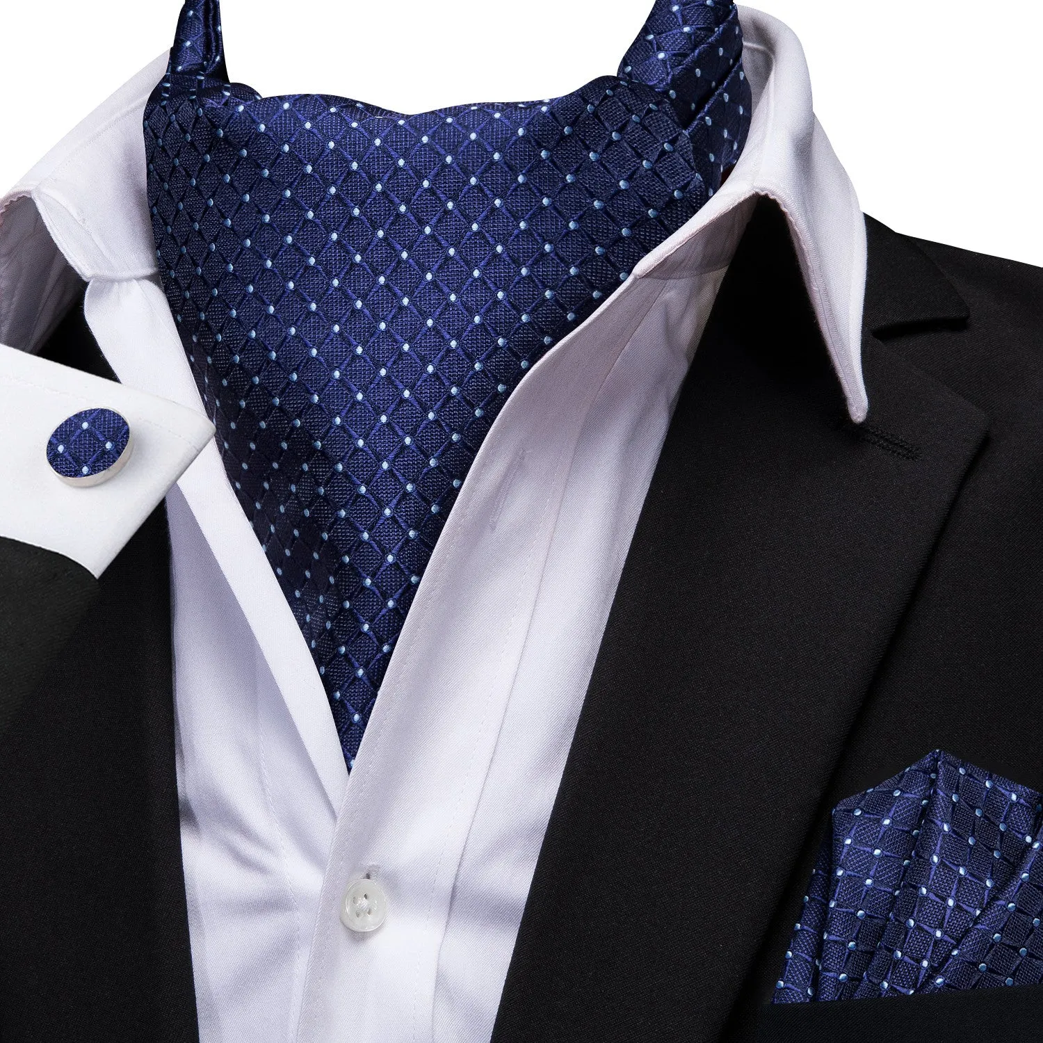 Ties2you Navy Blue Cravat Tie Plaid Formal Ascot Tie Handkerchief Cufflinks Set for Men Business (Copy) sold by Ties2You product image thumbnail 3