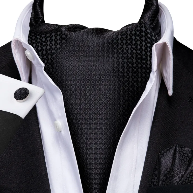 Ties2you Black Cravat Tie Men's Textured Ascot Necktie Pocket Square Cufflinks Set Business made by Ties2You