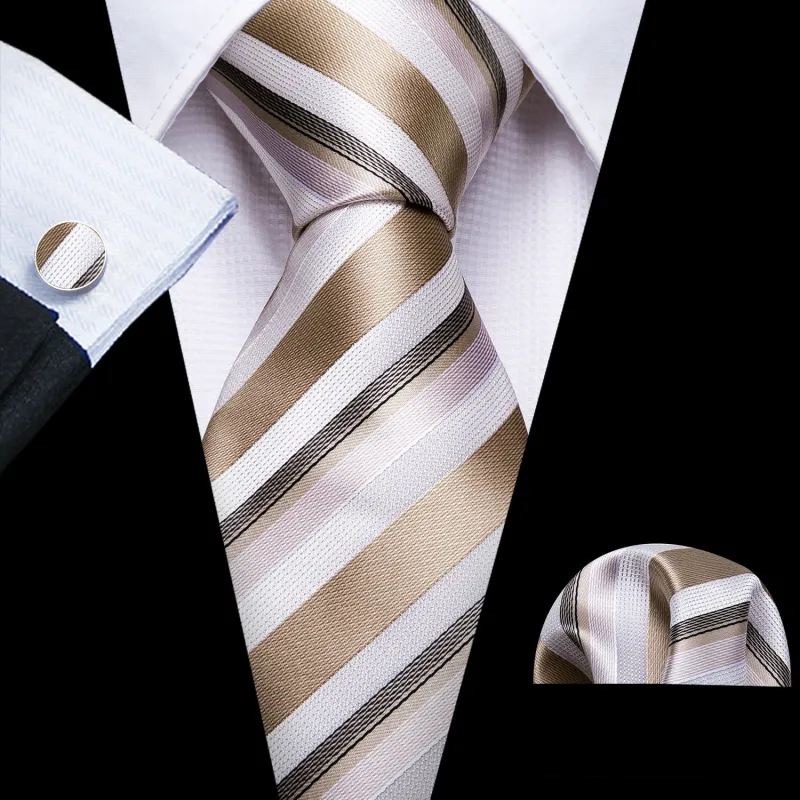 Ties2you Champagne Striped Tie Set Men's Silk Beige Formal Necktie Pocket Square Cufflinks made by Ties2You