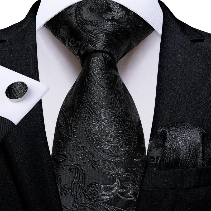 Ties2you Black Silk Necktie for Formal Jacquard Silk Men's Paisley Tie Hanky Cufflinks Set made by Ties2You