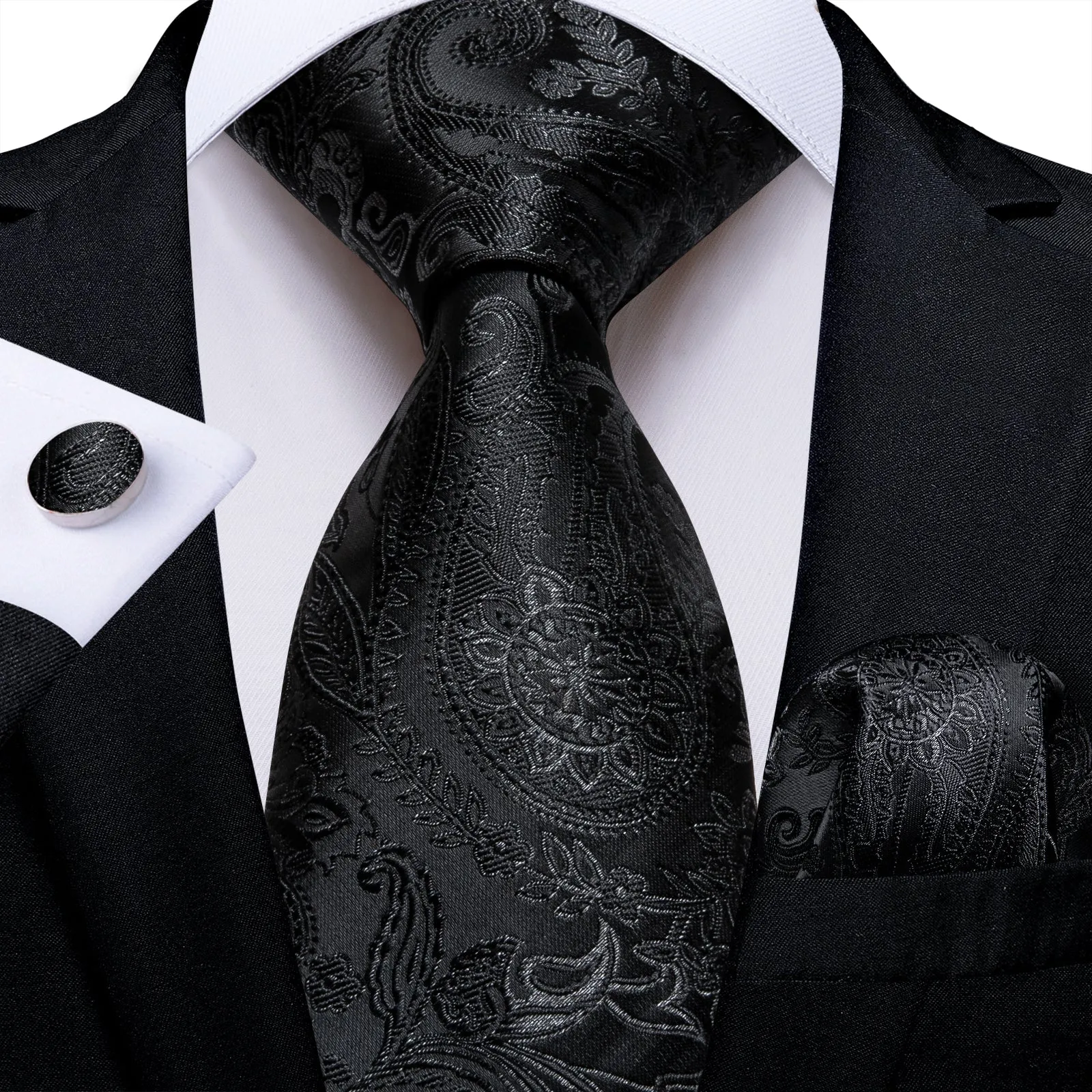 Ties2you Black Silk Necktie for Formal Jacquard Silk Men's Paisley Tie Hanky Cufflinks Set sold by Ties2You
