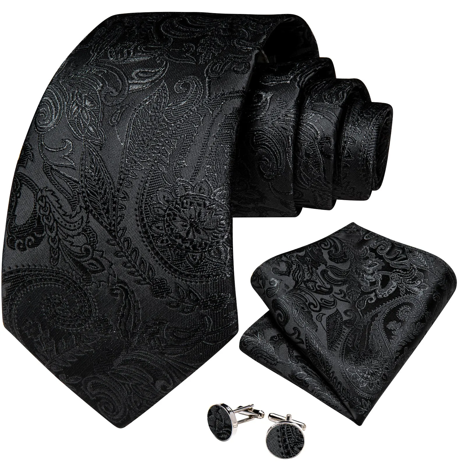 Ties2you Black Silk Necktie for Formal Jacquard Silk Men's Paisley Tie Hanky Cufflinks Set sold by Ties2You product image thumbnail 2