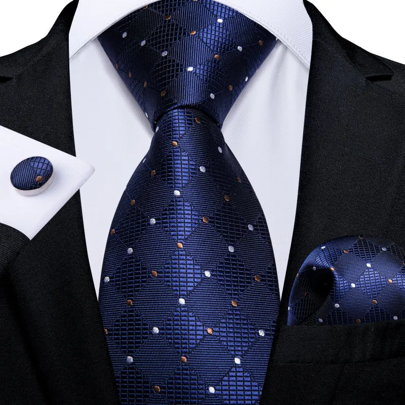 Ties2you Navy Blue Plaid Tie Pocket Square Mens Silk Polka Dot Necktie Cufflinks Set for Formal made by Ties2You