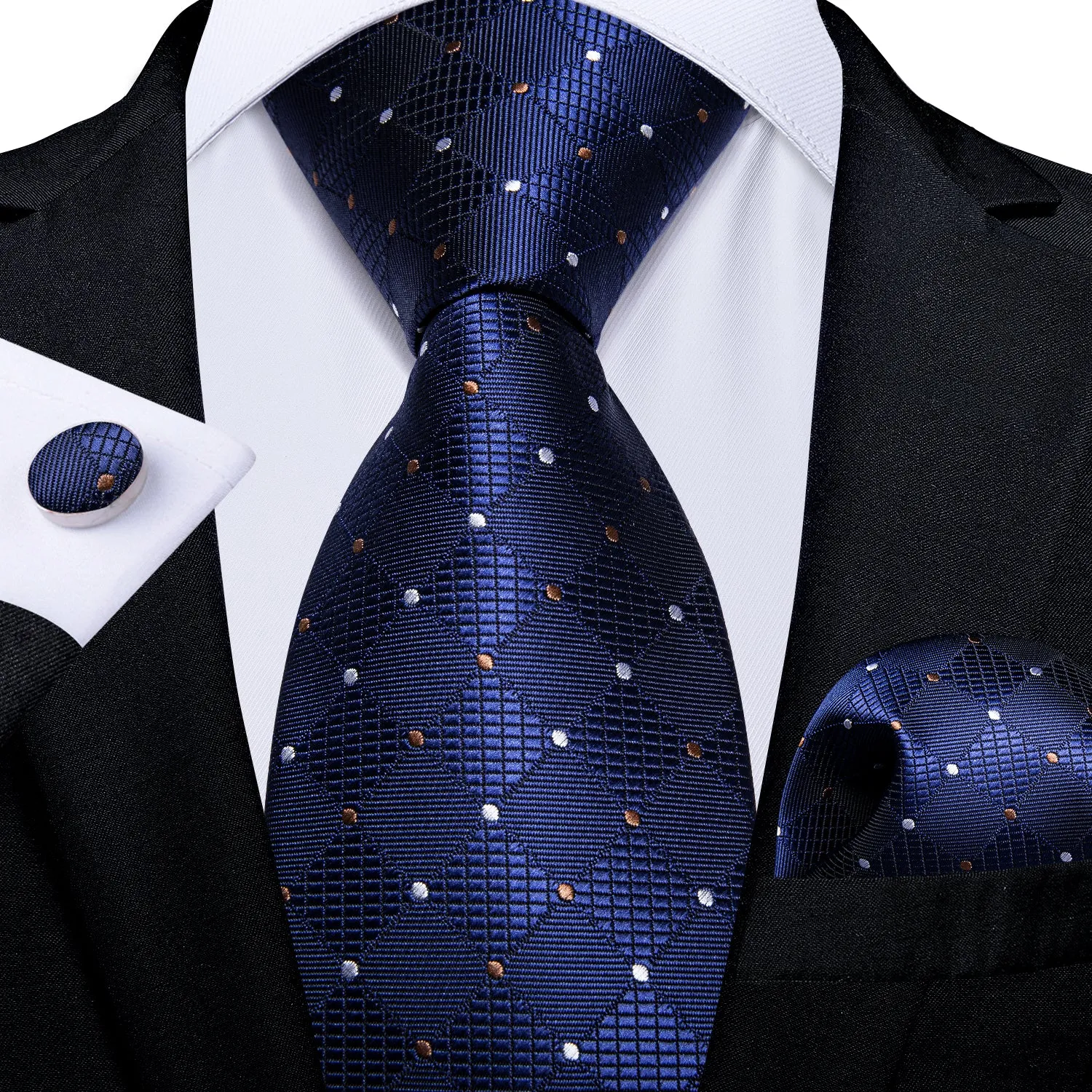 Ties2you Navy Blue Plaid Tie Pocket Square Mens Silk Polka Dot Necktie Cufflinks Set for Formal sold by Ties2You