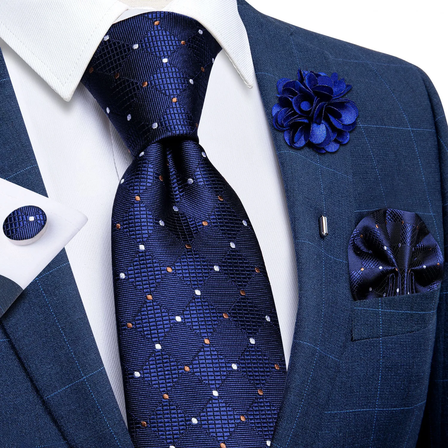 Ties2you Navy Blue Plaid Tie Pocket Square Mens Silk Polka Dot Necktie Cufflinks Set for Formal sold by Ties2You product image thumbnail 2