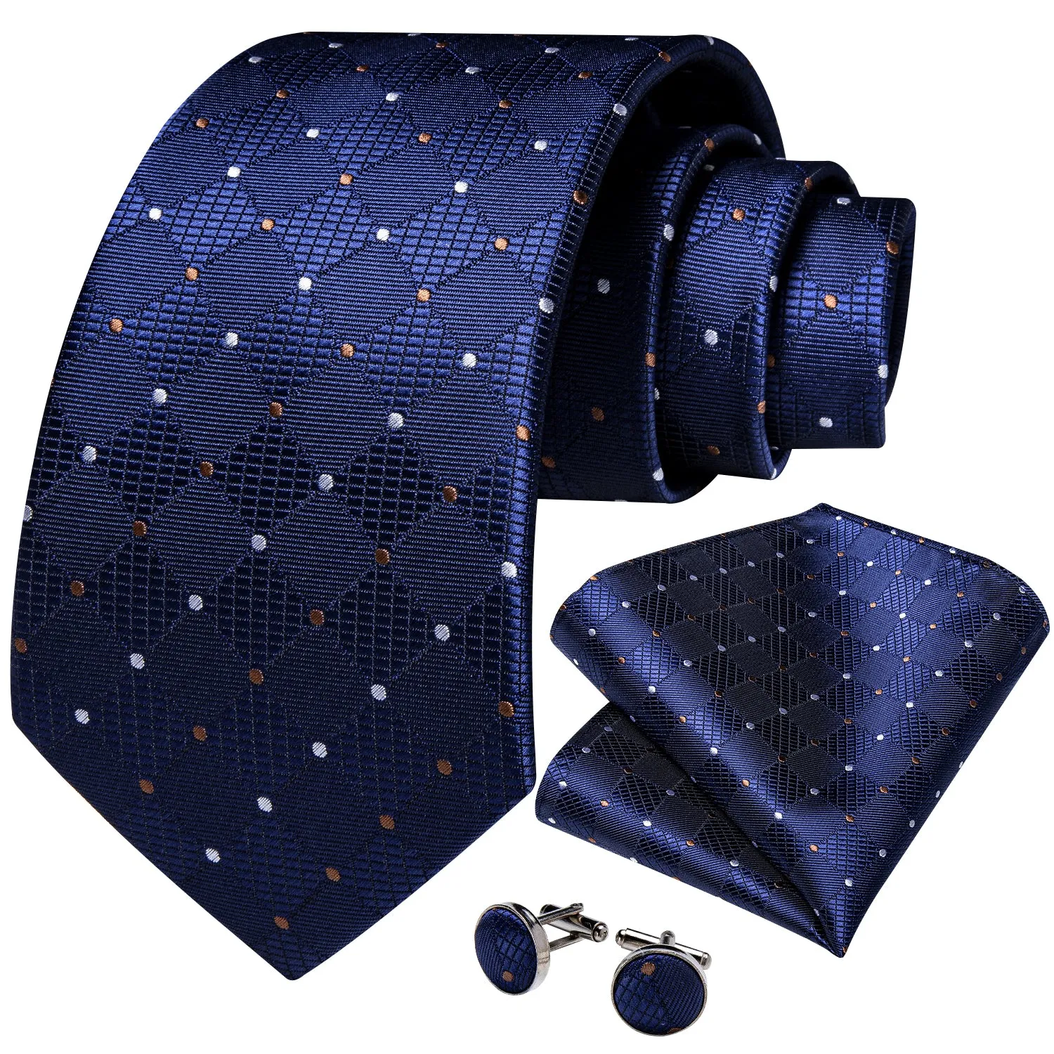 Ties2you Navy Blue Plaid Tie Pocket Square Mens Silk Polka Dot Necktie Cufflinks Set for Formal sold by Ties2You product image thumbnail 3