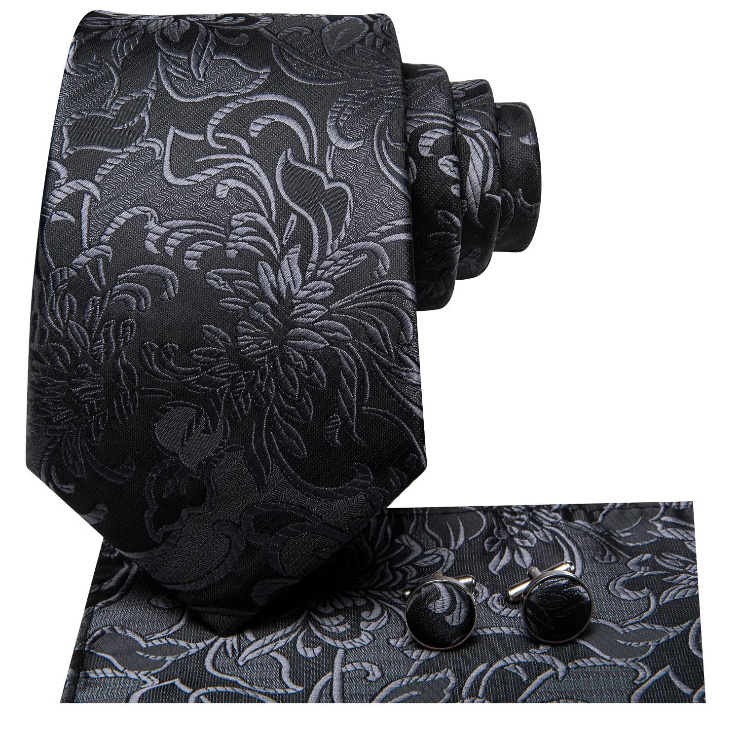 Ties2you Black Floral Tie Set for Men Silk Suit Necktie Handkerchief Cufflinks Wedding Formal sold by Ties2You product image thumbnail 3