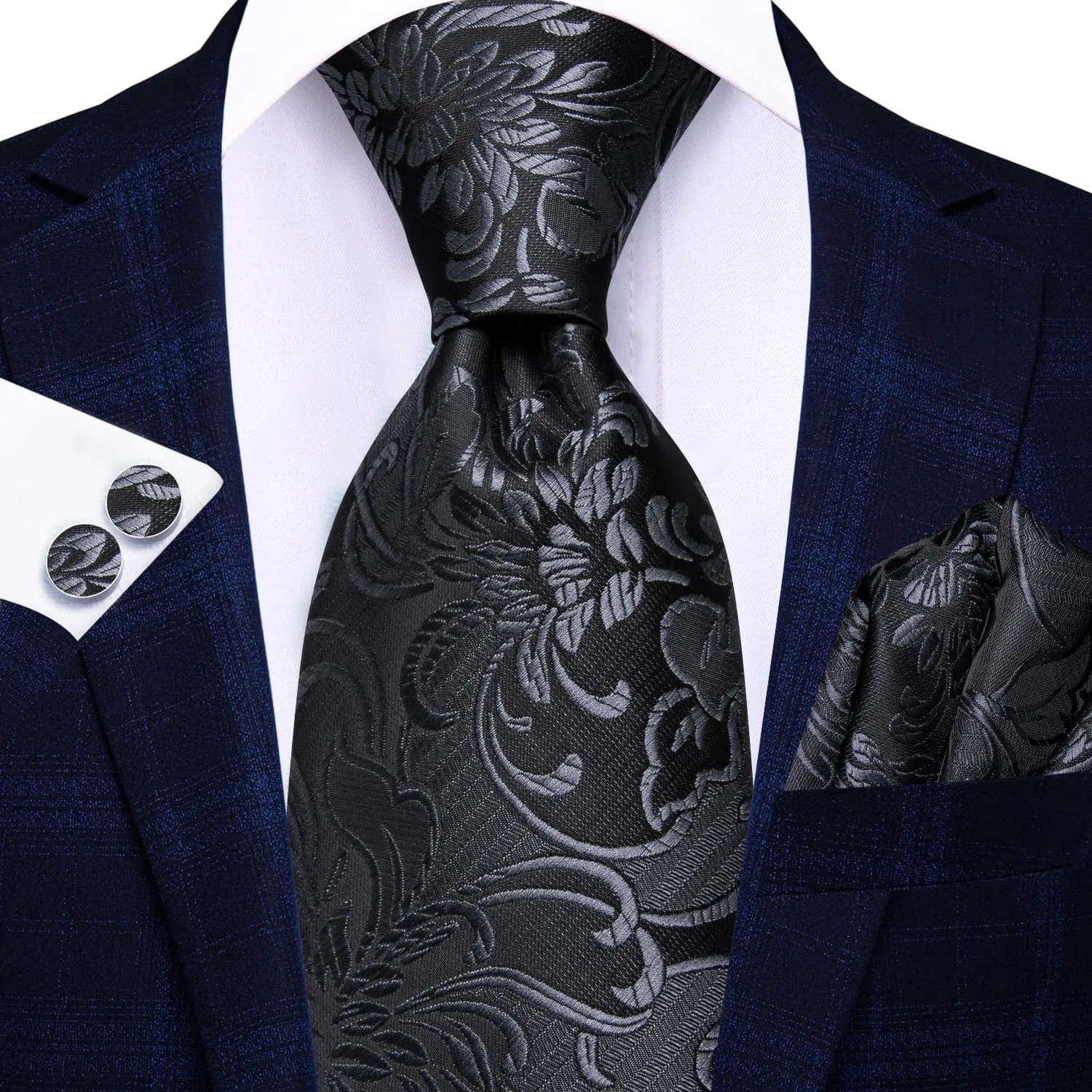 Ties2you Black Floral Tie Set for Men Silk Suit Necktie Handkerchief Cufflinks Wedding Formal sold by Ties2You product image thumbnail 2