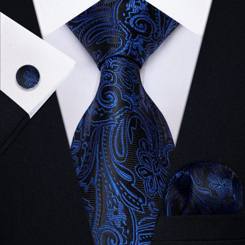 Ties2you Blue Paisley Tie Pocket Square Jacquard Black Necktie Hanky Cufflinks Set for Men made by Ties2You